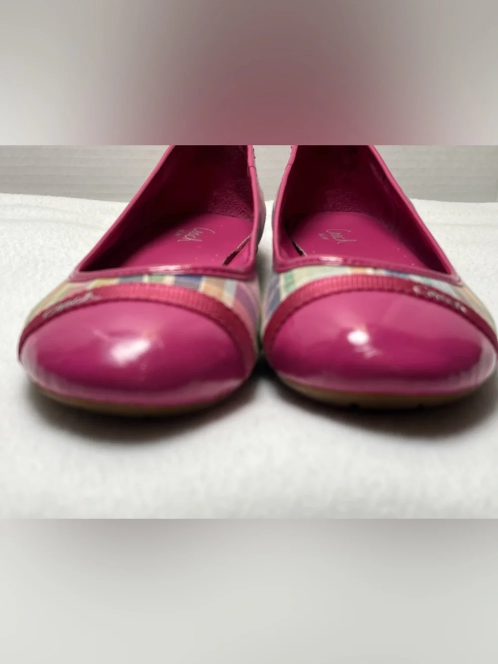 Coach Pink Plaid Cap-Toe Ballet Flats with Logo Ribbon - Picture 10 of 13